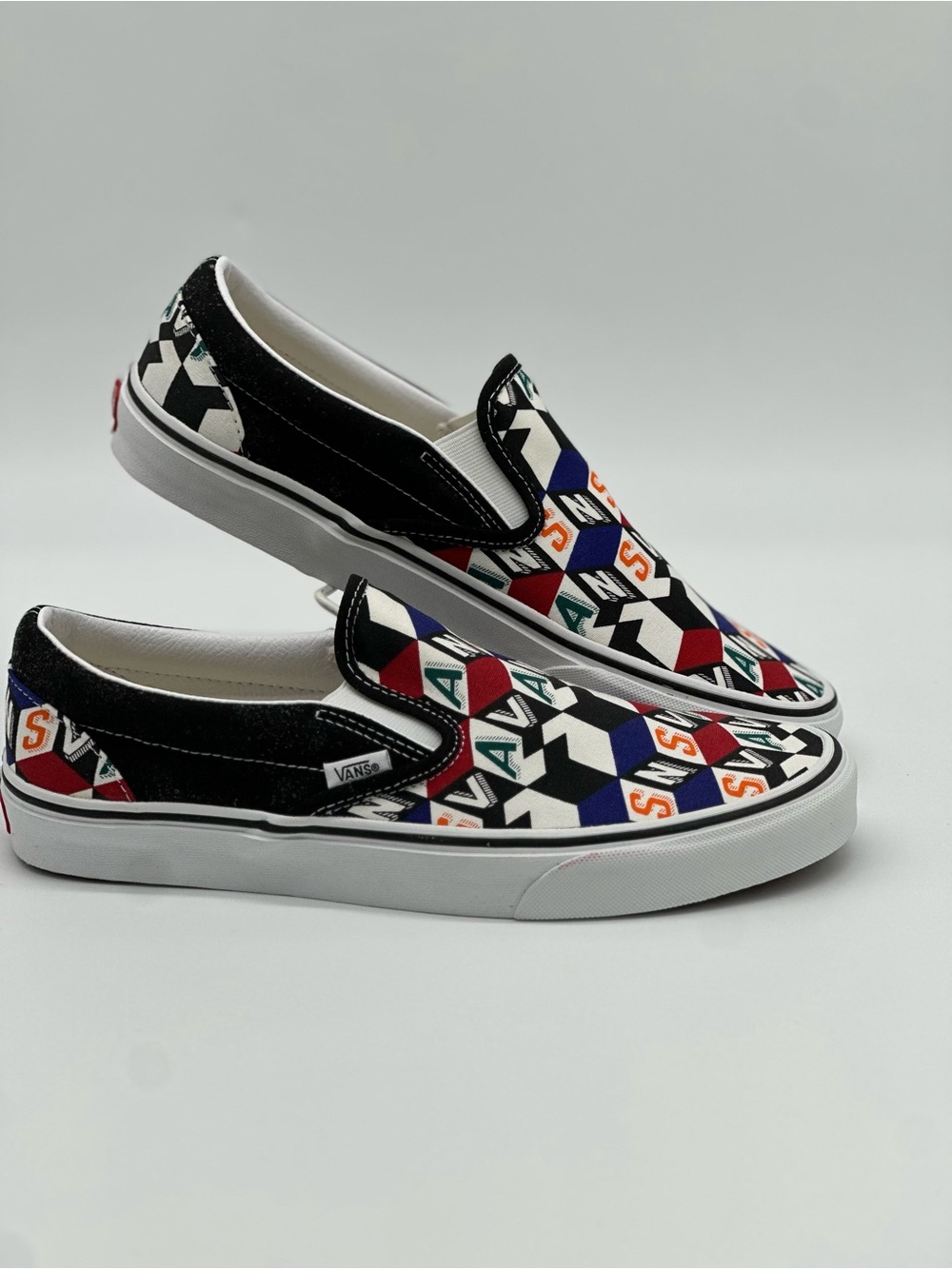 Vans Slip-On Sneakers Black White with Multicolor Geometric Print